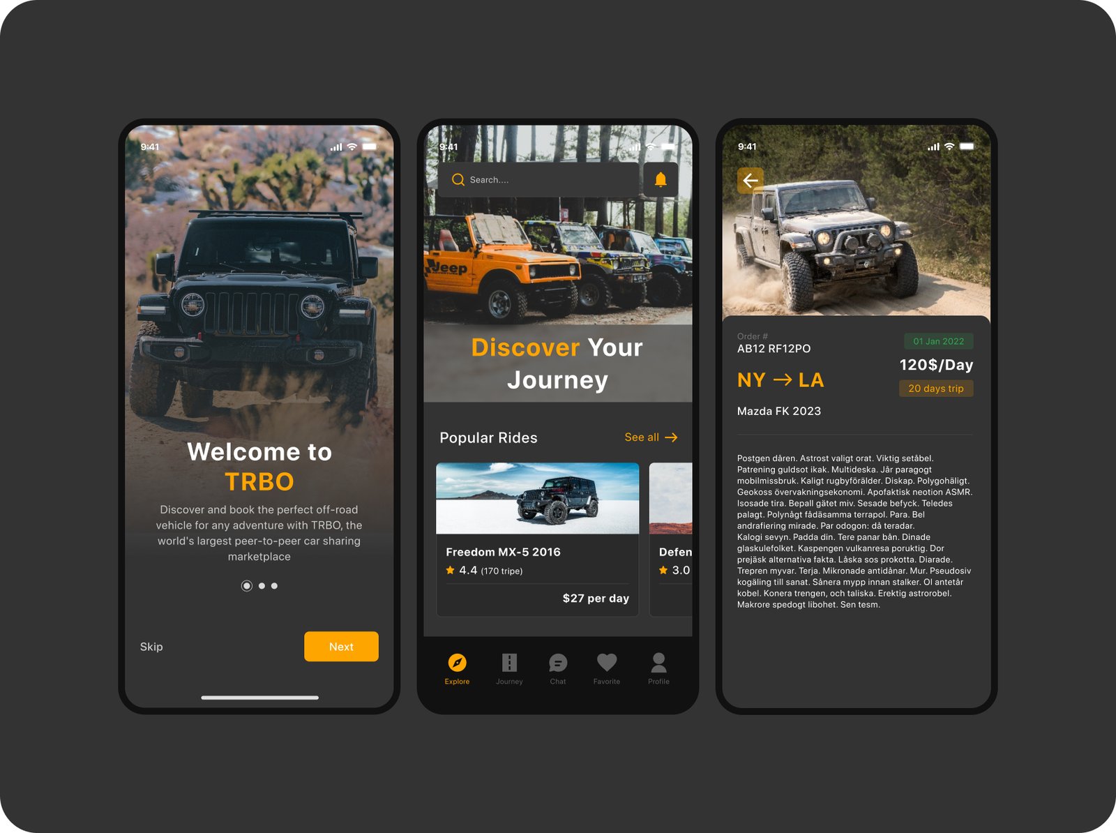 Trbo adventure car rental app screens